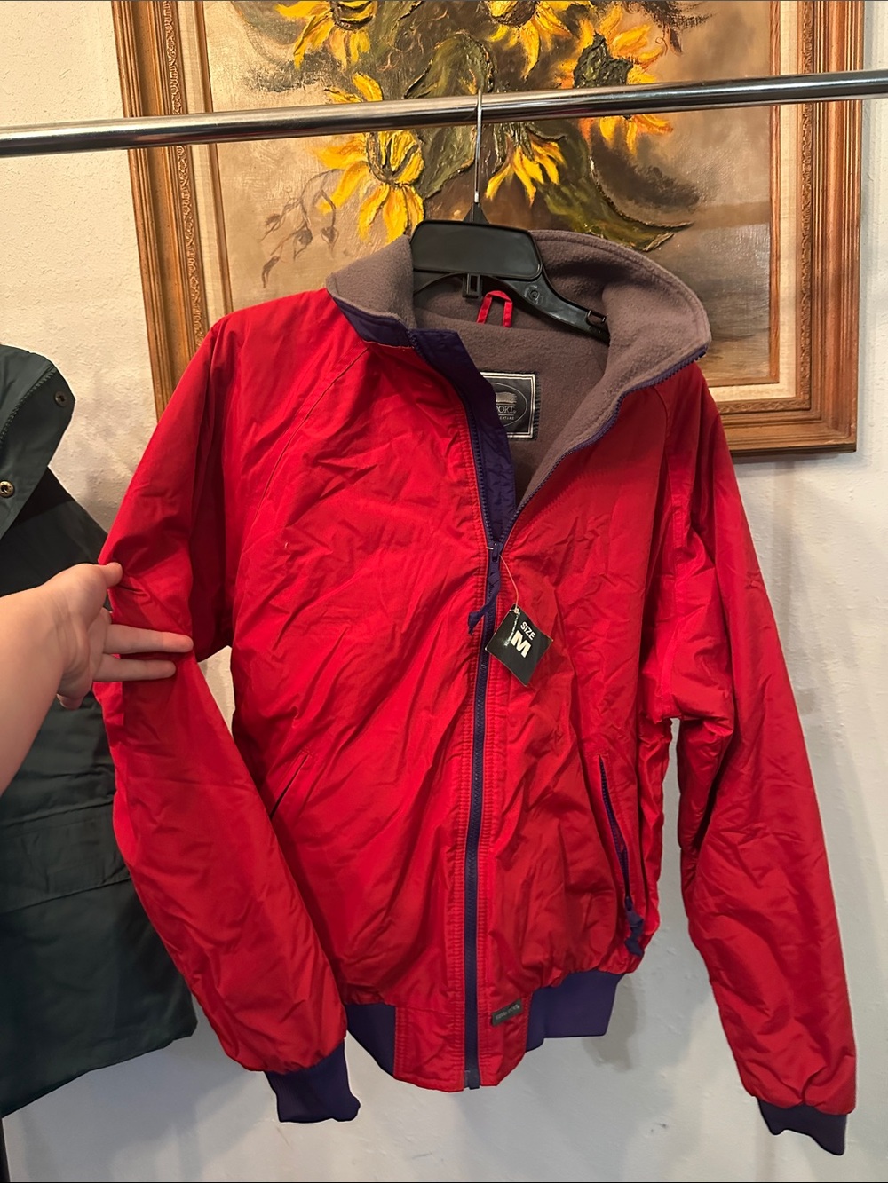 Red Nylon Bomber Jacket with Purple Trim